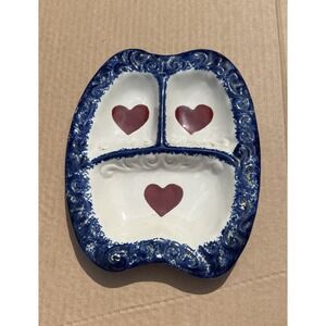 Vintage Style Decorative Divided Dish Plate Hearts Blue White Ceramic Tray Made